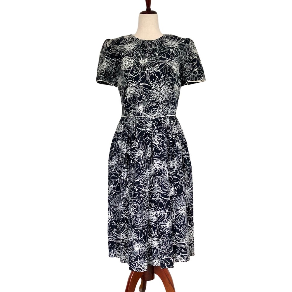 Vintage Lanz Short Sleeve Crewneck A-Line Floral Dress, Black White Size Medium